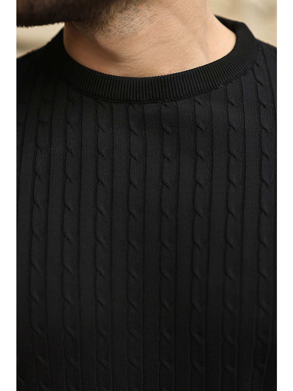 Siyah Bisiklet Yaka Triko Erkek Tişört E7468-2