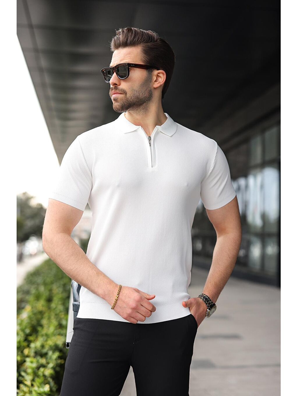 Beyaz Yarım Fermuarlı Polo Yaka Triko Erkek Tişört E74e59-2