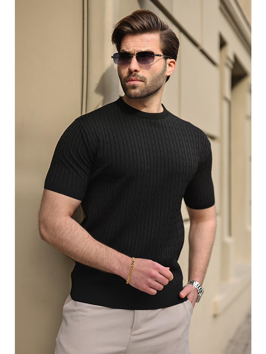 Siyah Bisiklet Yaka Triko Erkek Tişört E7468-3