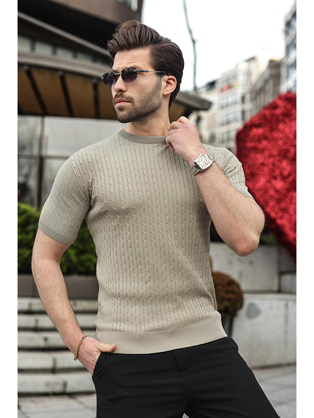 Bej Vizon Bisiklet Yaka Triko Erkek Tişört E7468-2