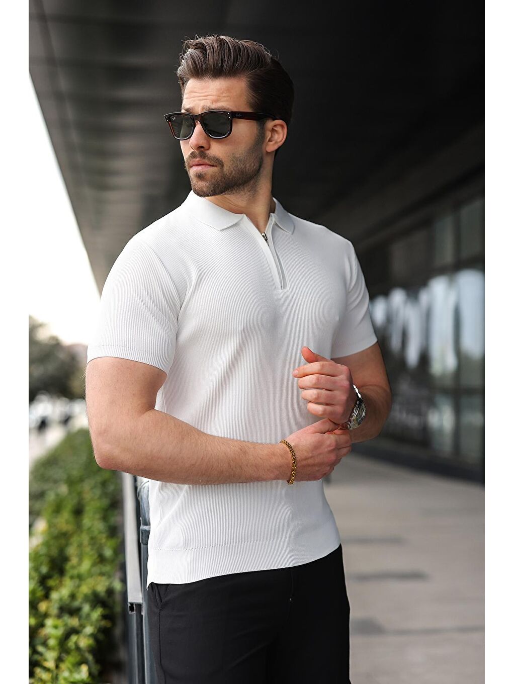 Beyaz Yarım Fermuarlı Polo Yaka Triko Erkek Tişört E74e59-3