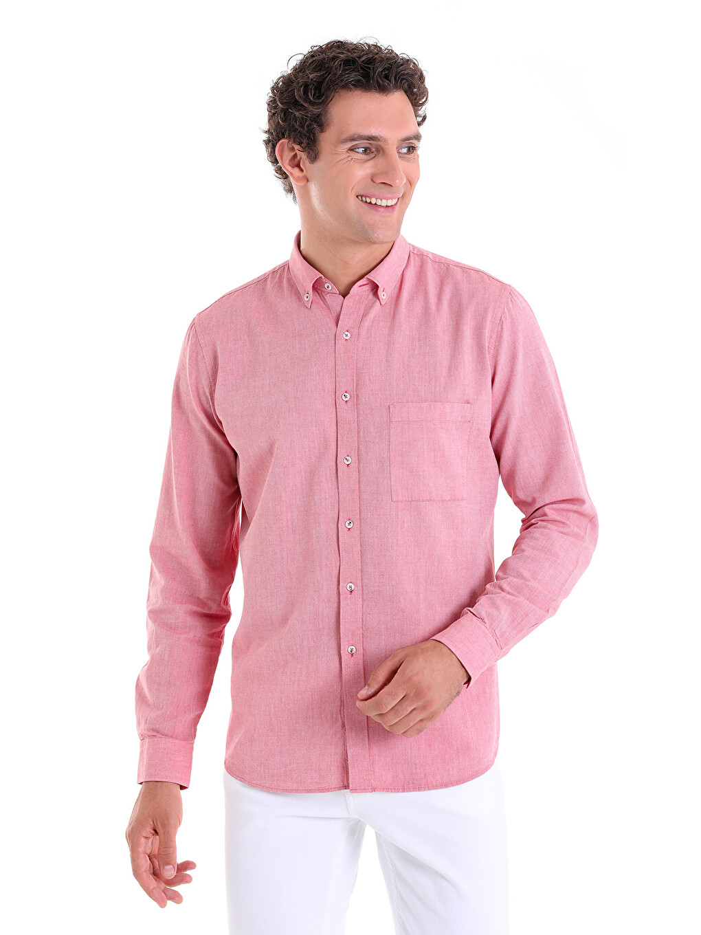 Bordo Comfort Fit Düz 100% Pamuk Düğmeli Yaka Uzun Kollu Casual Oxford Gömlek-1