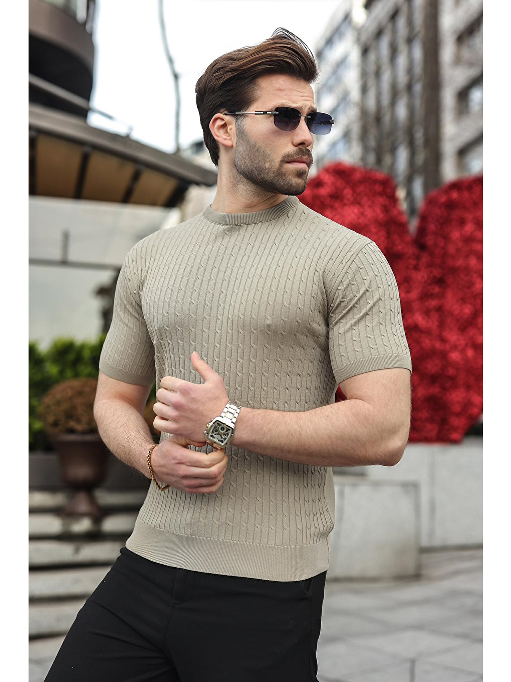 Bej Vizon Bisiklet Yaka Triko Erkek Tişört E7468-3