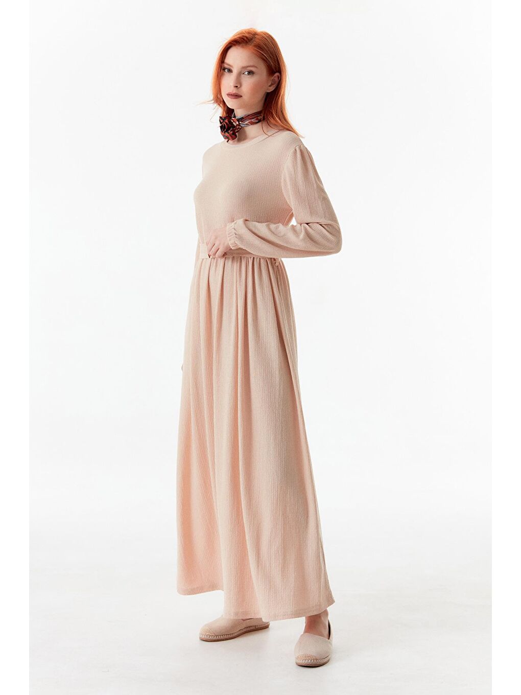 Bej Bürümcük Kumaş Kuşaklı Elbise-2