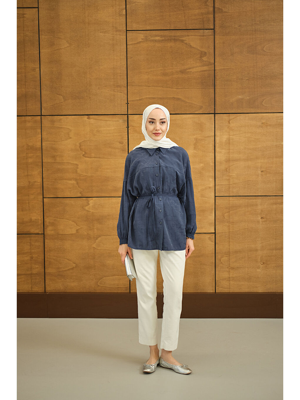 Kadın Geometrik Desen Jakar Gömlek Mavi-1