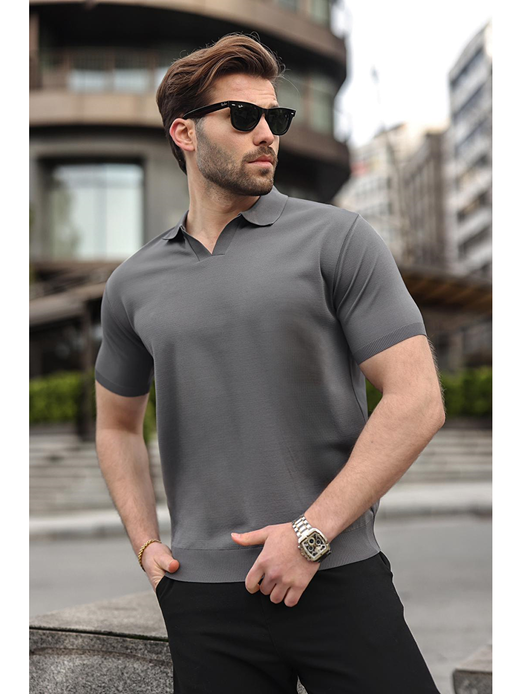 Antrasit Polo Yaka Triko Kısa Kollu Erkek Tişört E7463