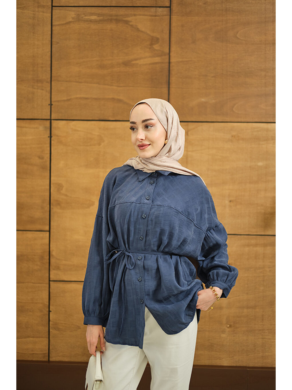 Kadın Geometrik Kare Desen Jakar Gömlek Mavi-3