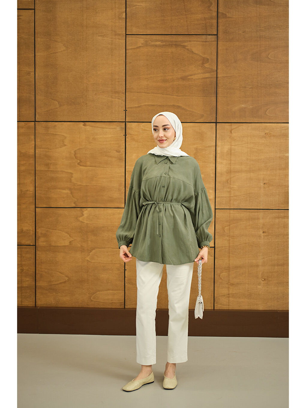 Kadın Bulanık Desen Jakar Gömlek Yeşil-1