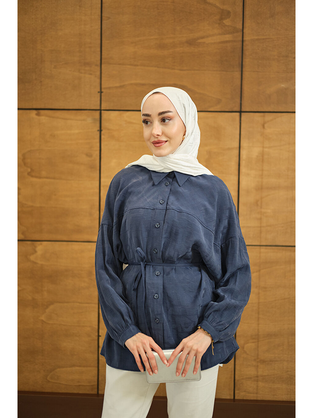 Kadın Geometrik Desen Jakar Gömlek Mavi-2