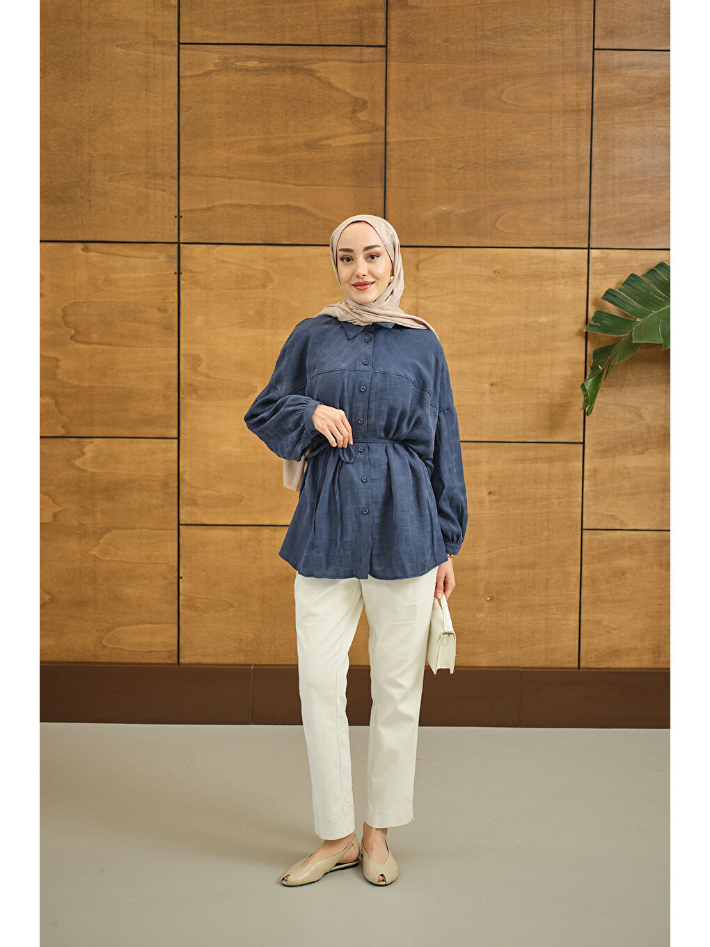 Kadın Geometrik Kare Desen Jakar Gömlek Mavi-4