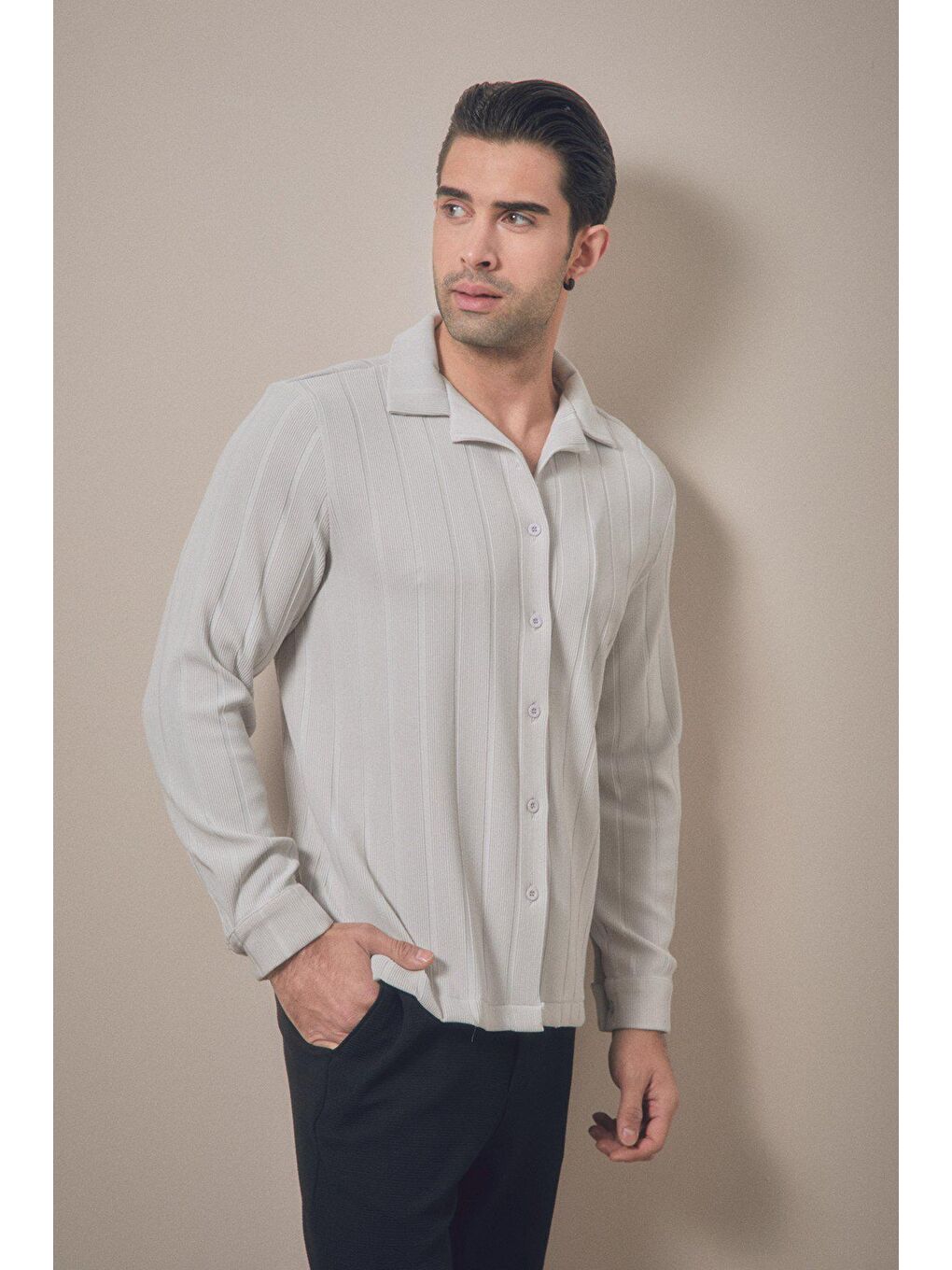 Bej Fitilli Uzun Kollu Gömlek-1