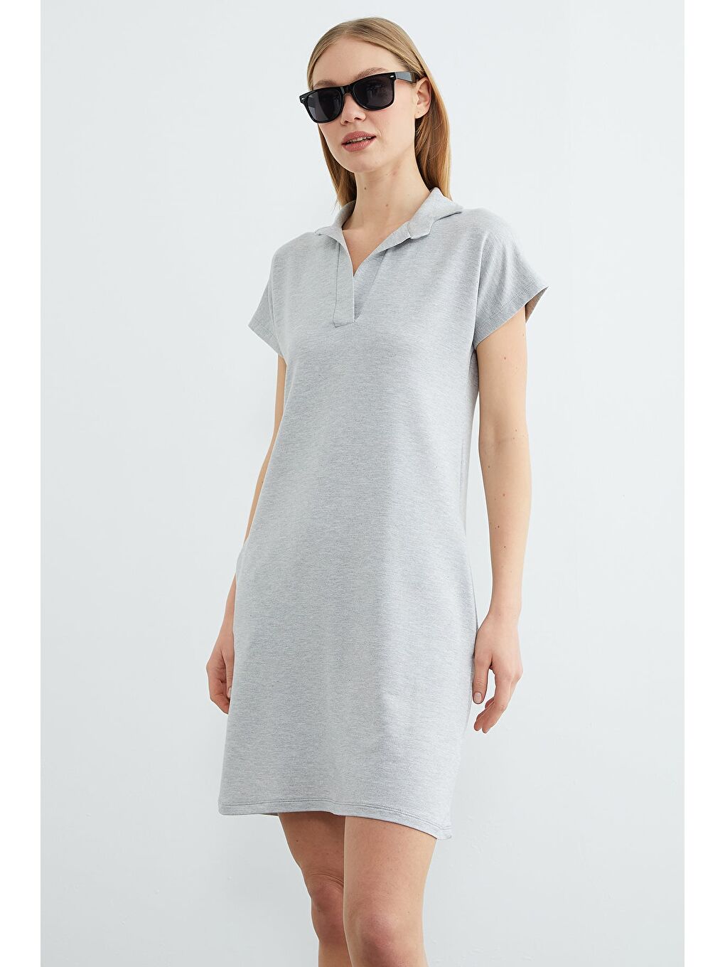 Gri Basic Polo Yaka Cepli Mini Boy Elbise