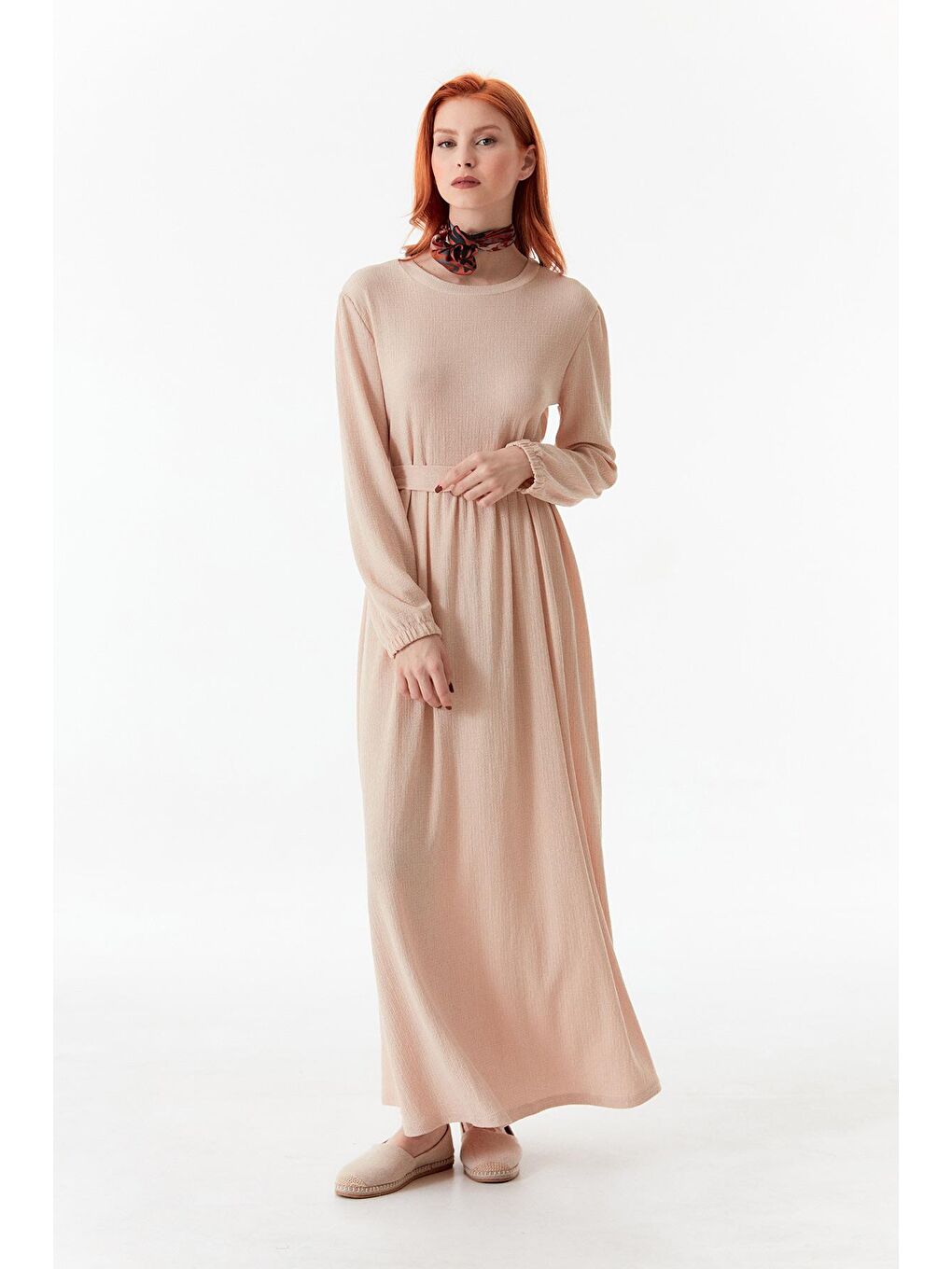 Bej Bürümcük Kumaş Kuşaklı Elbise-3