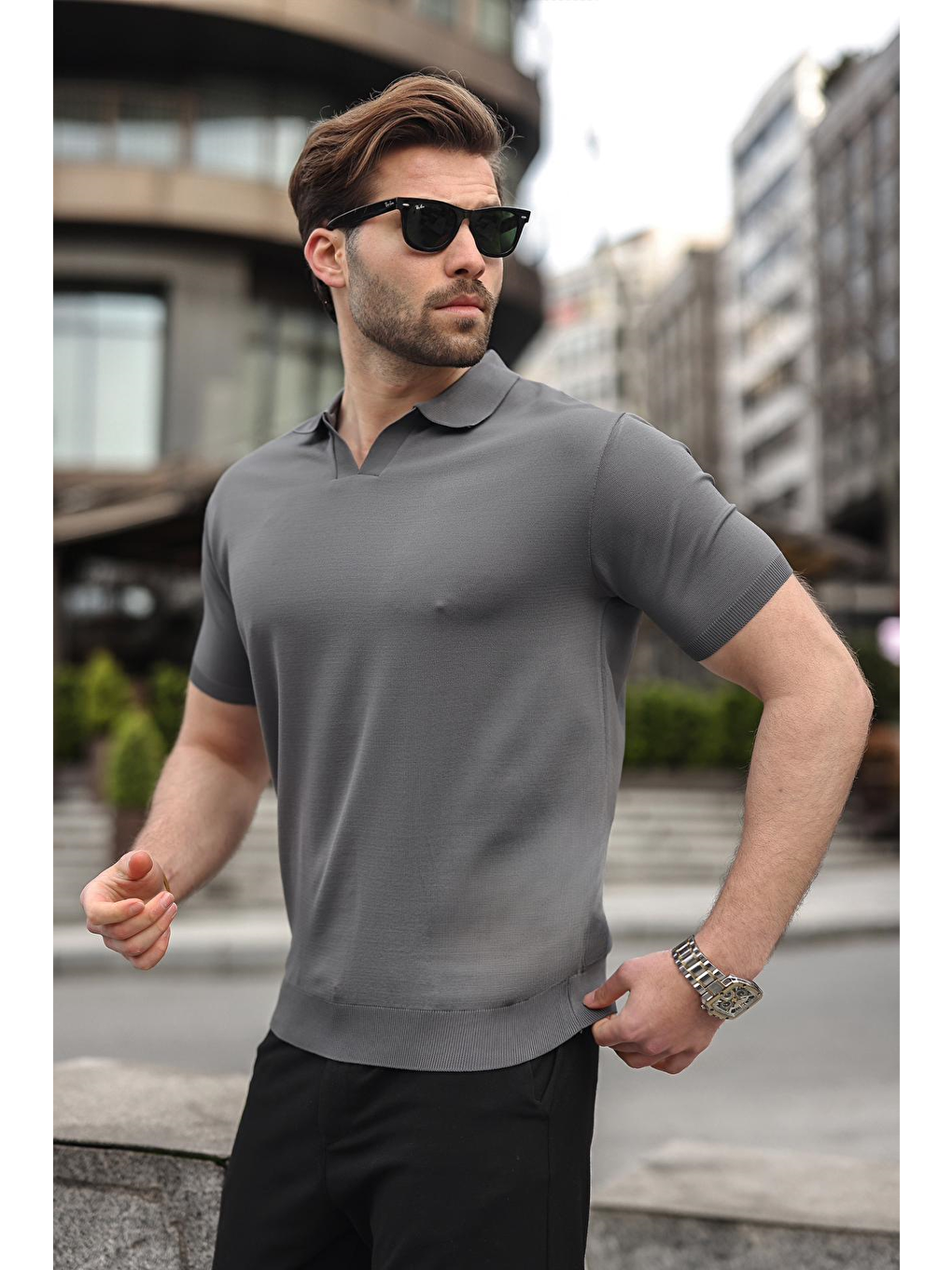 Antrasit Polo Yaka Triko Kısa Kollu Erkek Tişört E7463-1