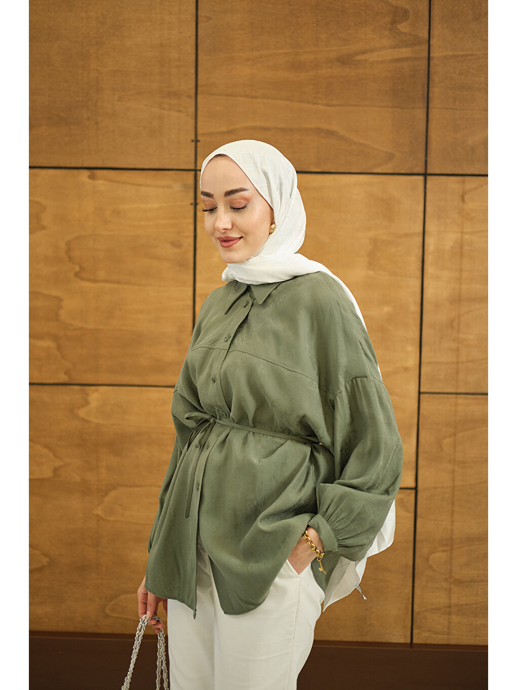 Kadın Bulanık Desen Jakar Gömlek Yeşil-2