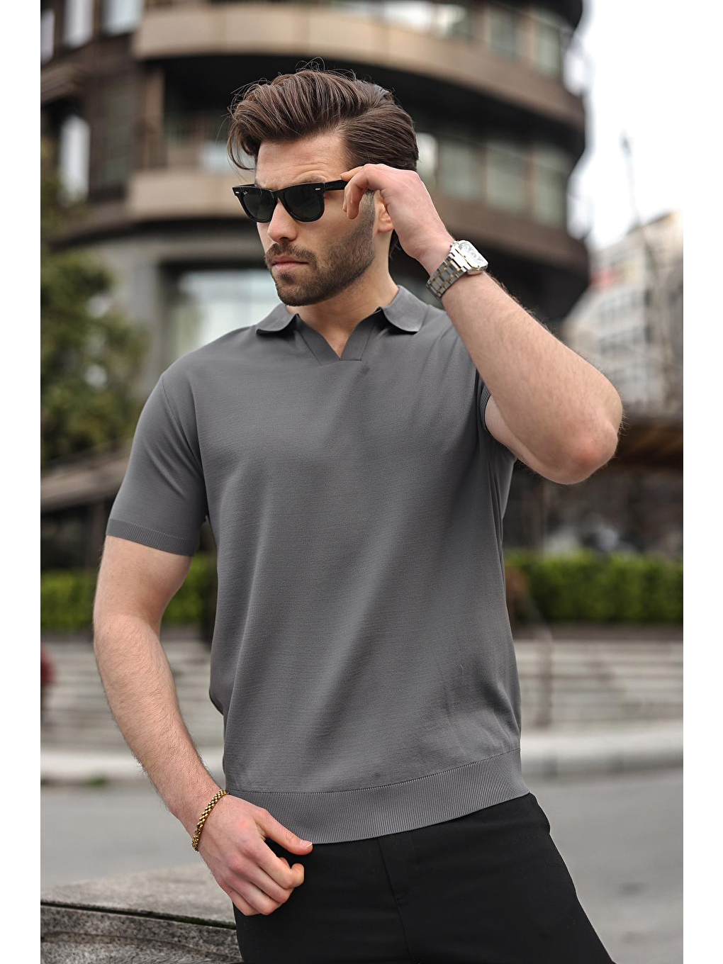 Antrasit Polo Yaka Triko Kısa Kollu Erkek Tişört E7463-2