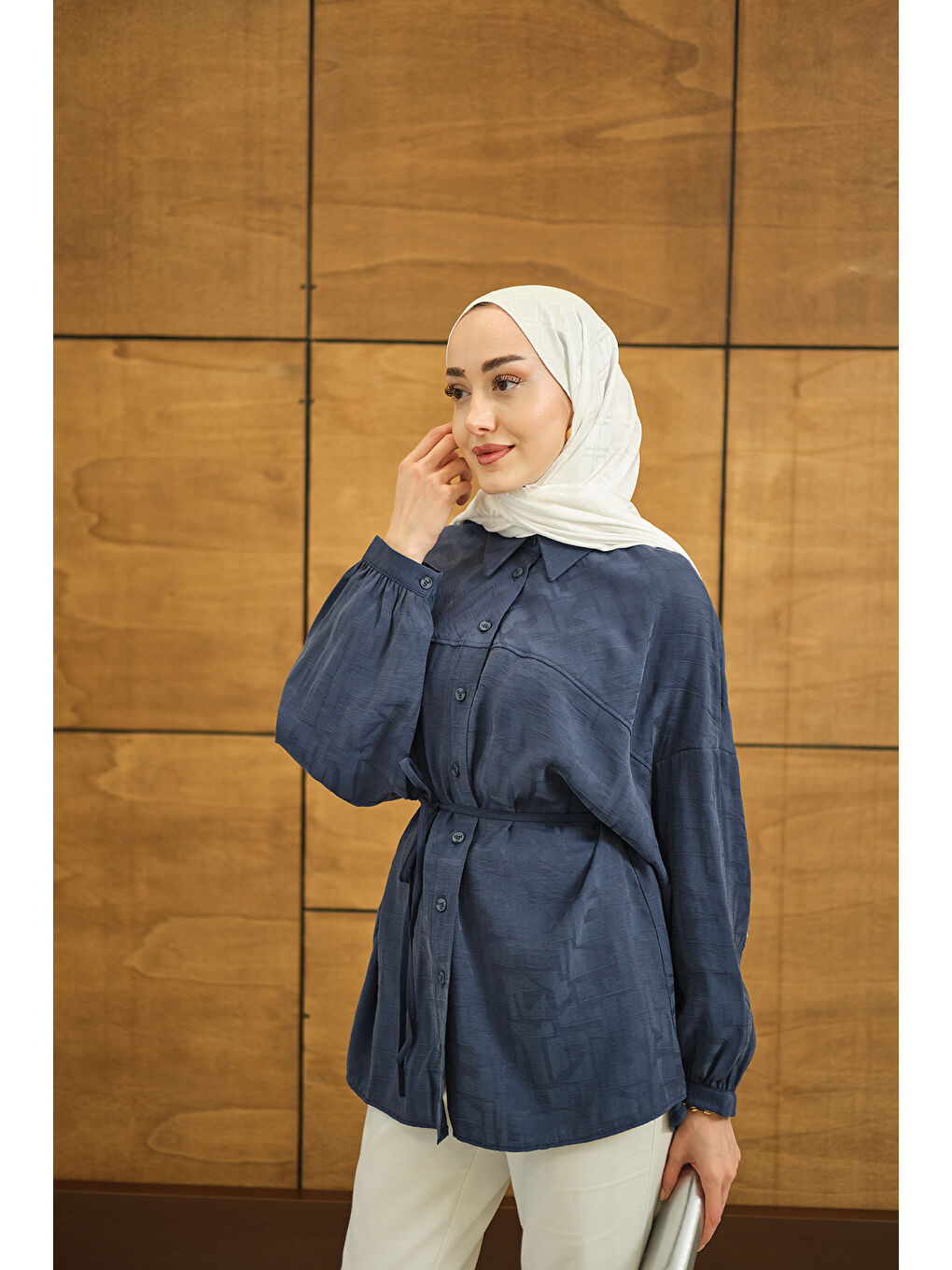 Kadın Geometrik Desen Jakar Gömlek Mavi-3