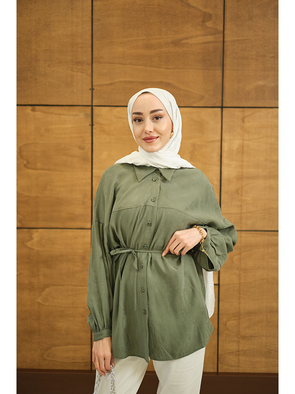 Kadın Bulanık Desen Jakar Gömlek Yeşil-3