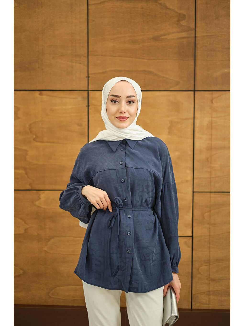 Kadın Geometrik Desen Jakar Gömlek Mavi-4