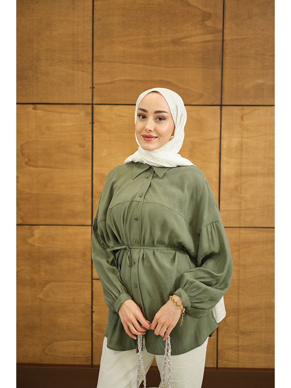 Kadın Bulanık Desen Jakar Gömlek Yeşil-4