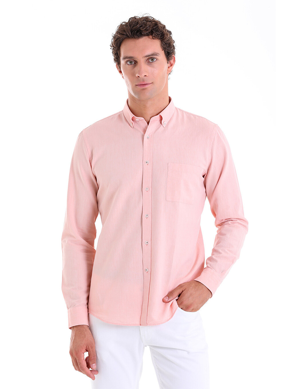 Turuncu Comfort Fit Düz 100% Pamuk Düğmeli Yaka Uzun Kollu Casual Oxford Gömlek