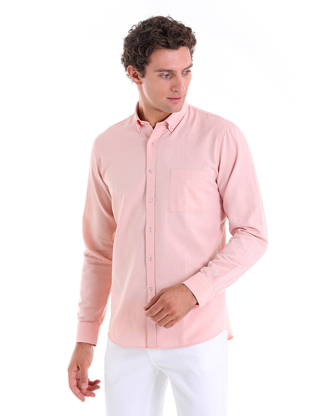 Turuncu Comfort Fit Düz 100% Pamuk Düğmeli Yaka Uzun Kollu Casual Oxford Gömlek-1