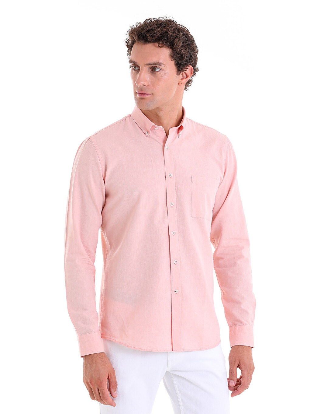 Turuncu Comfort Fit Düz 100% Pamuk Düğmeli Yaka Uzun Kollu Casual Oxford Gömlek-2
