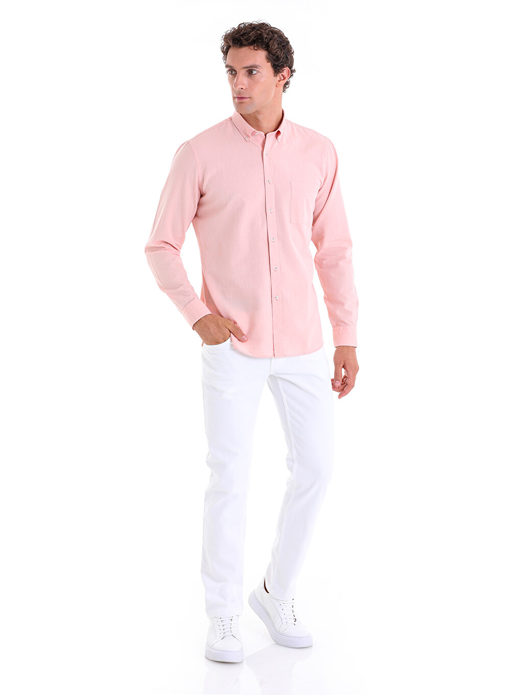 Turuncu Comfort Fit Düz 100% Pamuk Düğmeli Yaka Uzun Kollu Casual Oxford Gömlek-3
