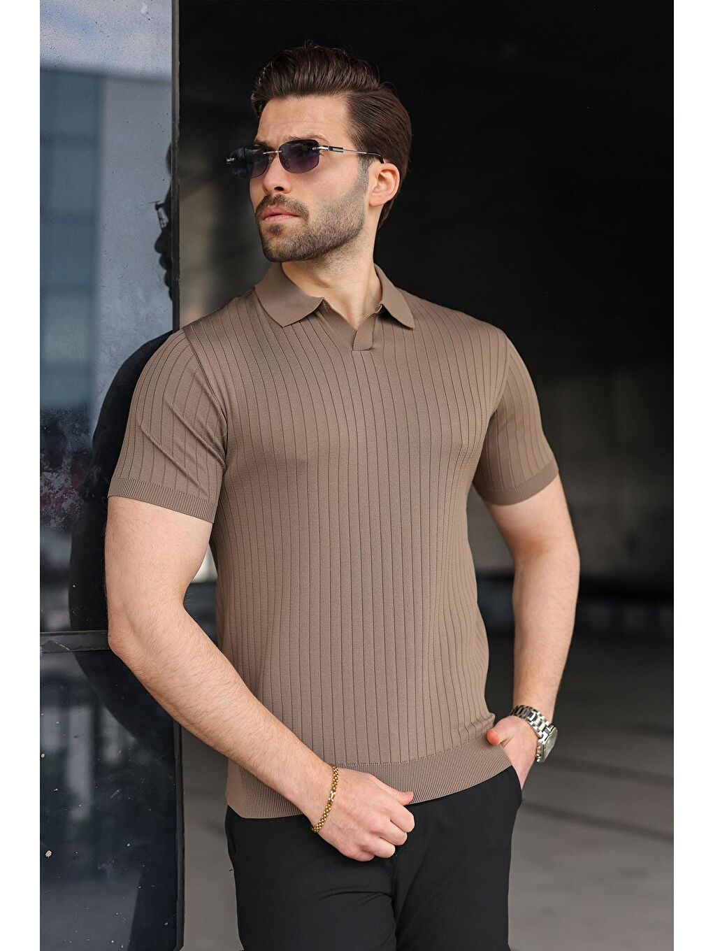 Açık Kahverengi Polo Yaka Triko Erkek Tişört E7461