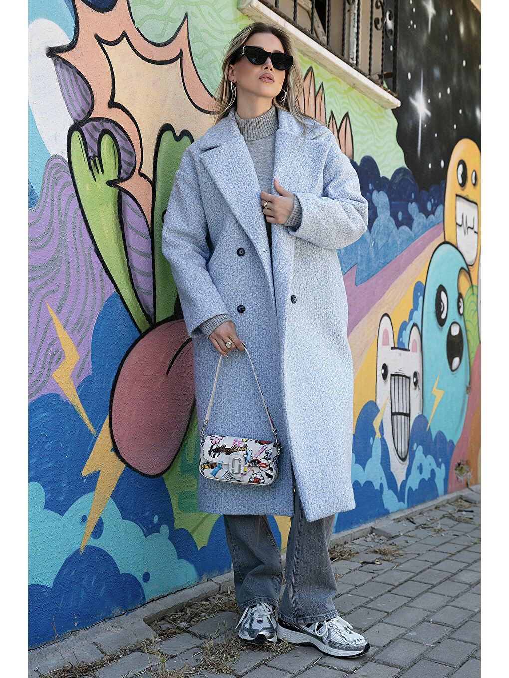 Mavi Oversize Fit Mono Yaka Düğmeli Buklet Uzun Kaşe Kaban 6810236-1