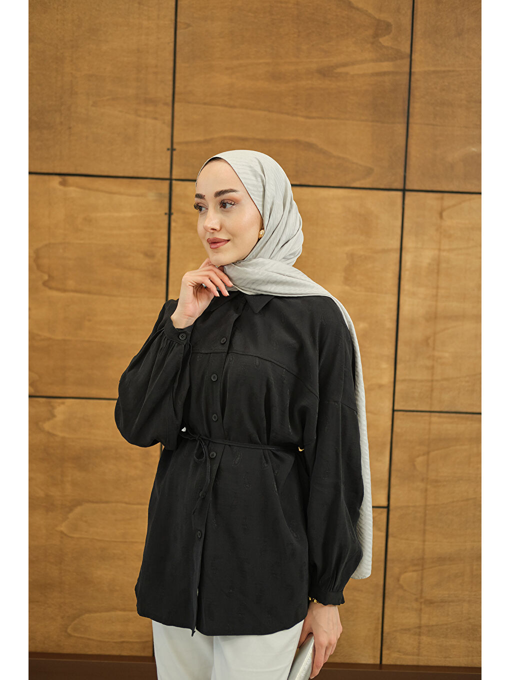 Kadın Etnik Desen Jakar Gömlek Siyah