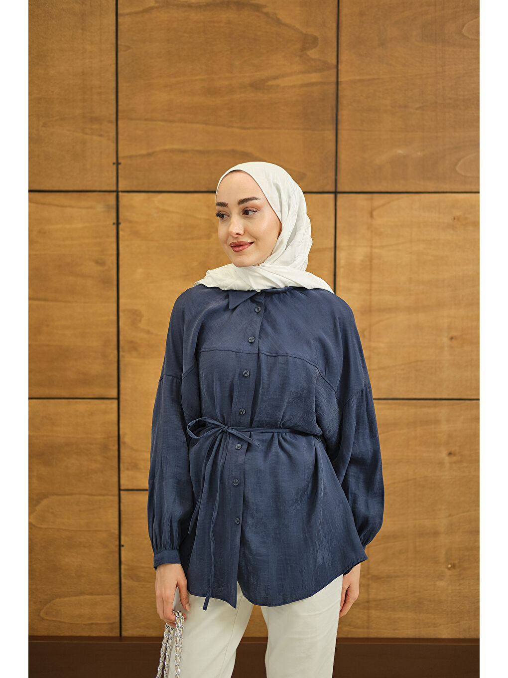 Kadın Bulanık Desen Jakar Gömlek Mavi