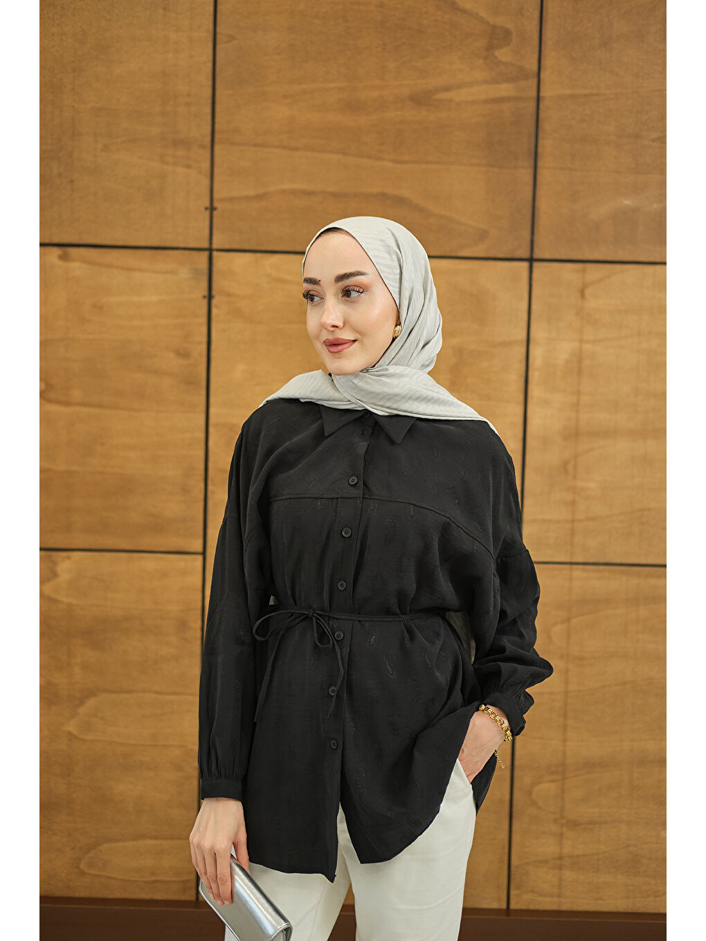 Kadın Etnik Desen Jakar Gömlek Siyah-1