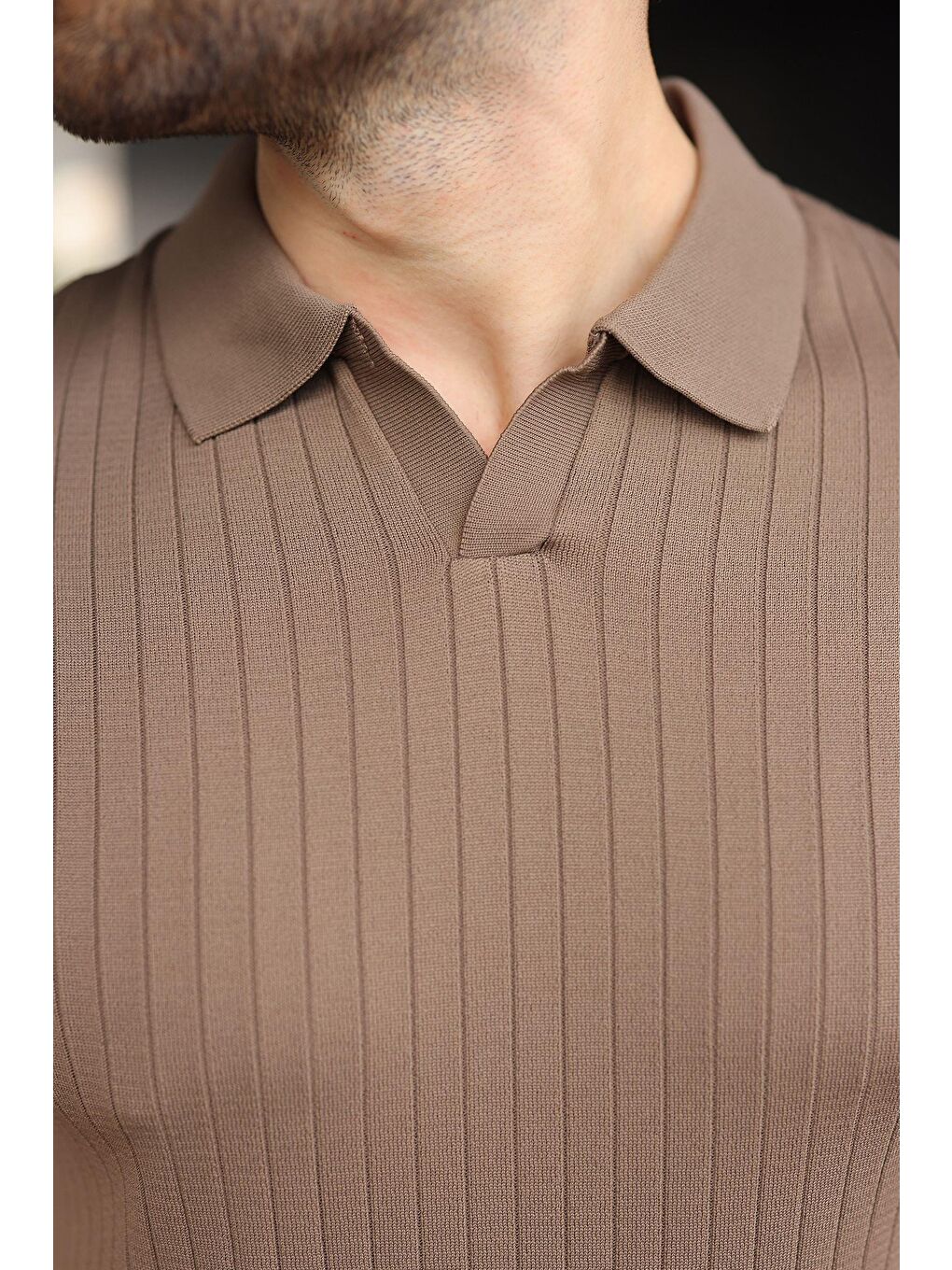 Açık Kahverengi Polo Yaka Triko Erkek Tişört E7461-1