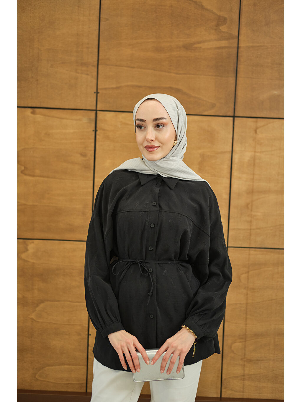 Kadın Etnik Desen Jakar Gömlek Siyah-2