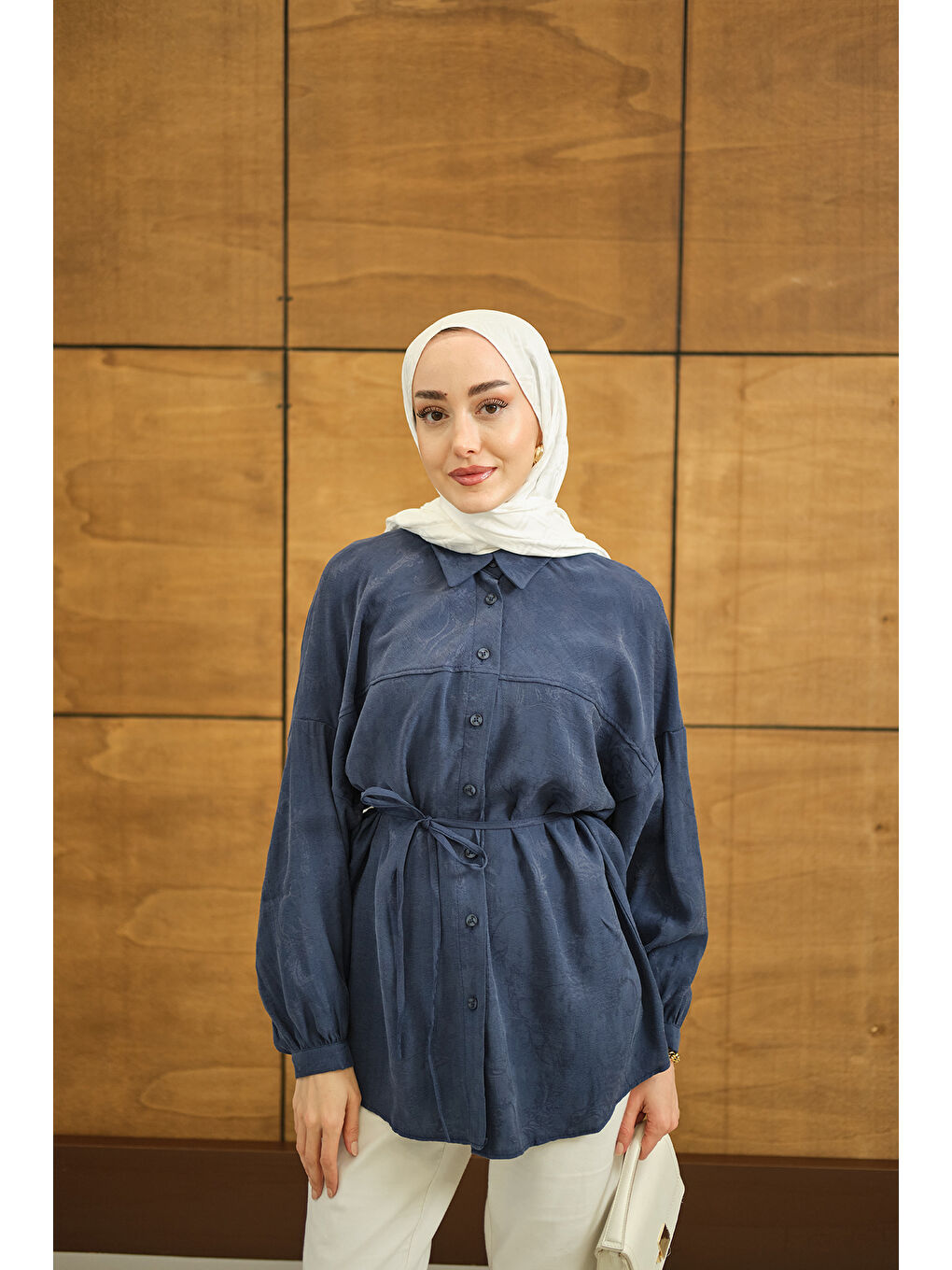 Kadın Çiçek desenli Jakar Gömlek İndigo Mavi