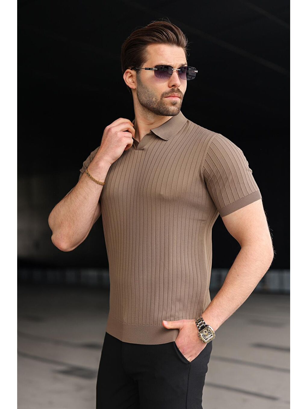 Açık Kahverengi Polo Yaka Triko Erkek Tişört E7461-2