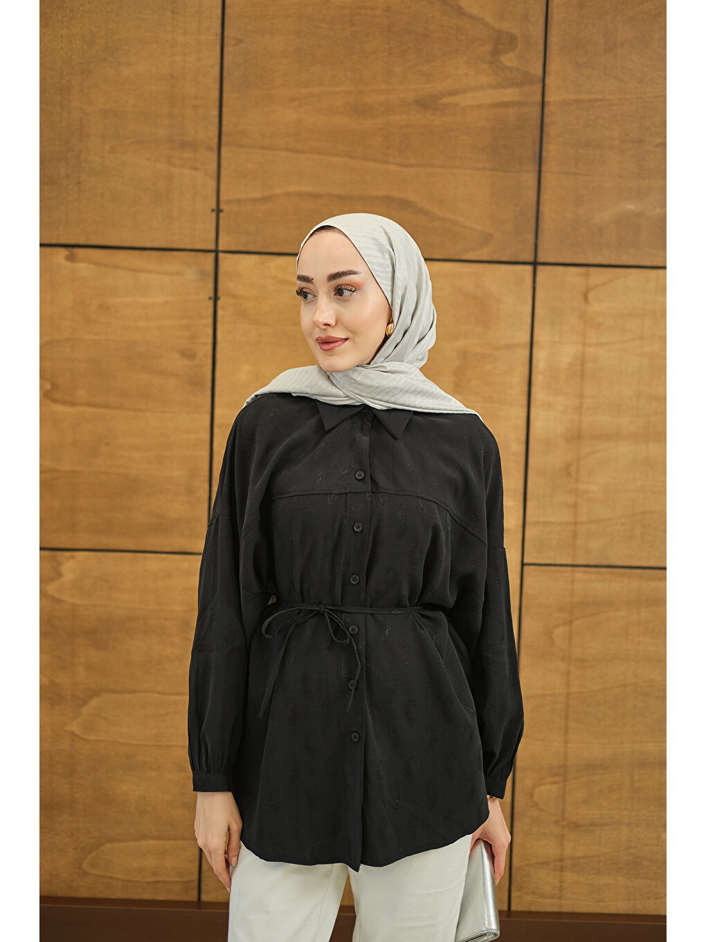 Kadın Etnik Desen Jakar Gömlek Siyah-3