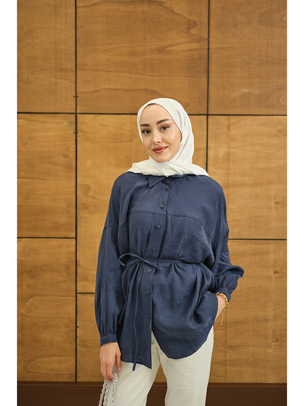 Kadın Bulanık Desen Jakar Gömlek Mavi-1