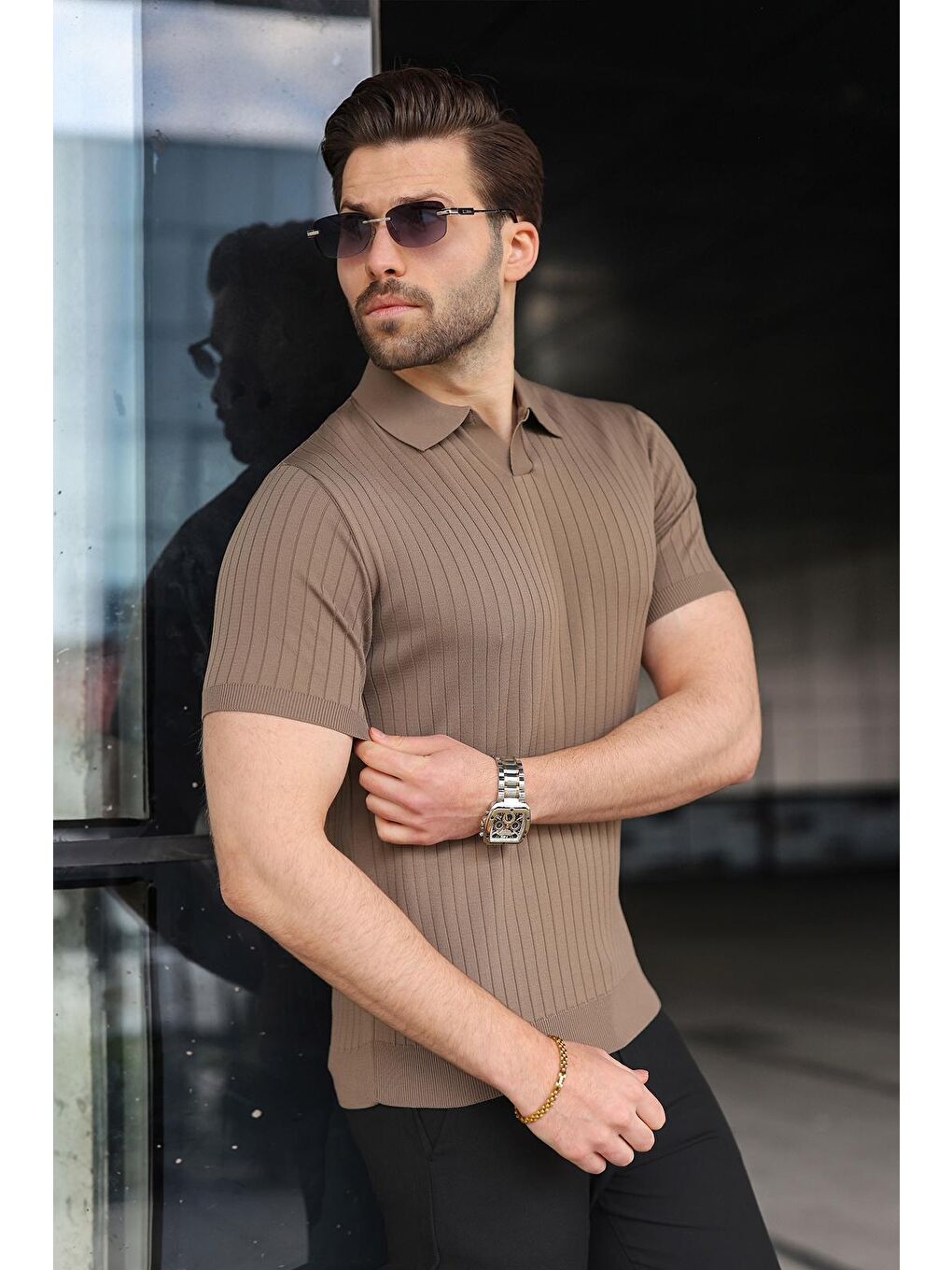 Açık Kahverengi Polo Yaka Triko Erkek Tişört E7461-3