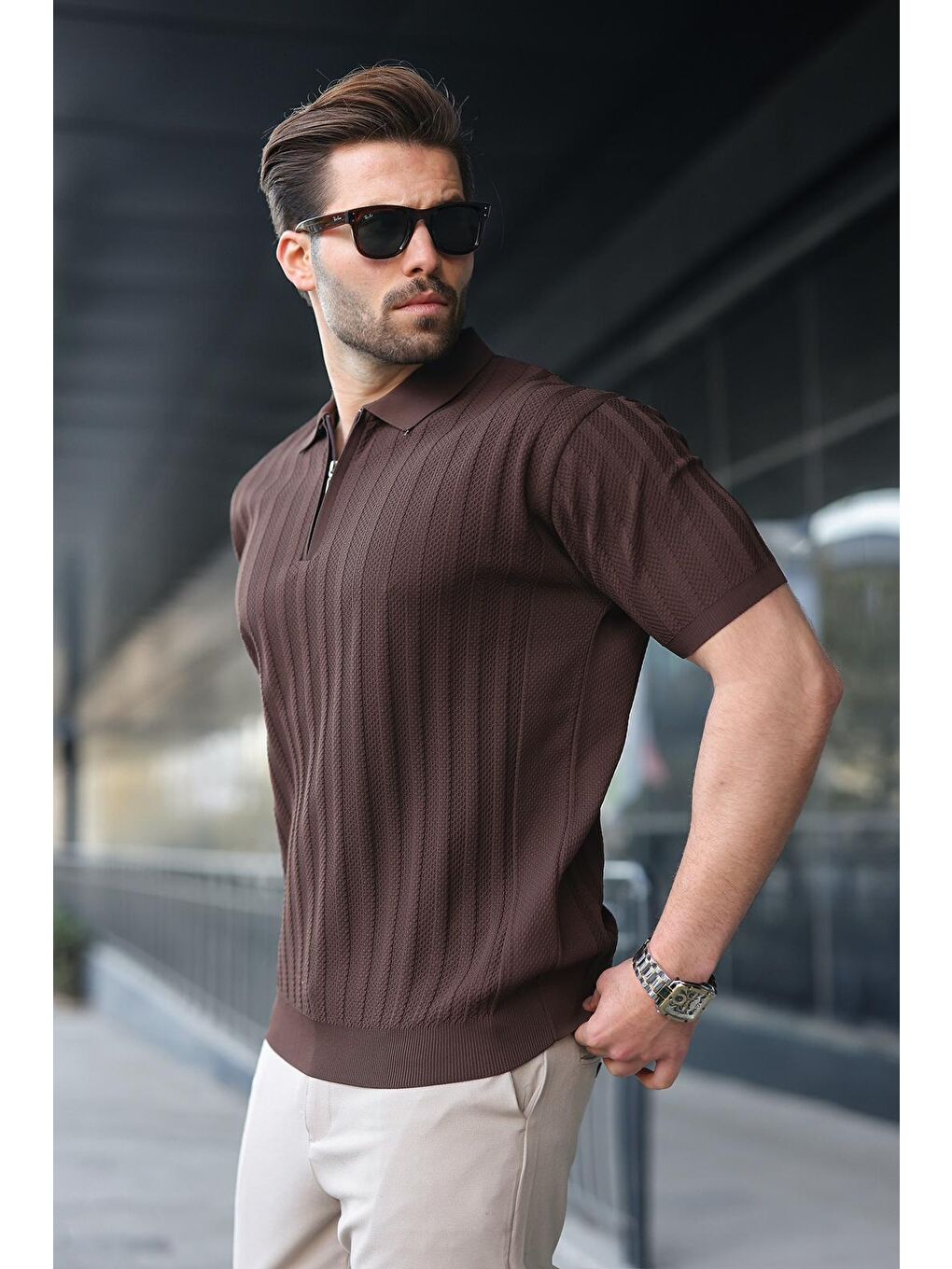 Kahverengi Yarım Fermuarlı Polo Yaka Erkek Triko Tişört E7458-1