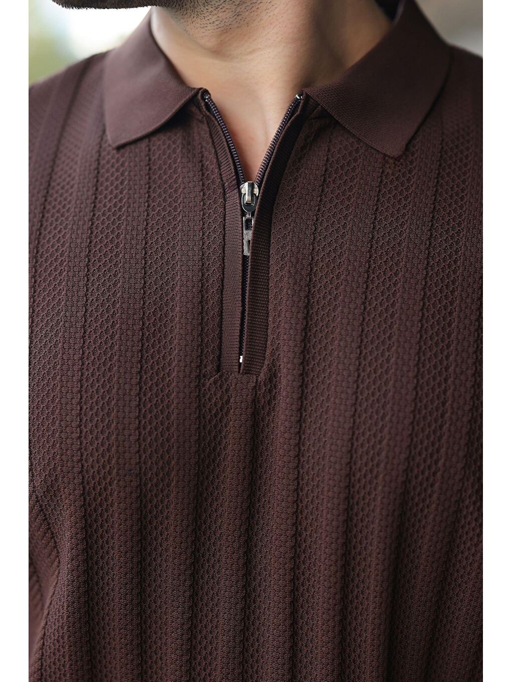 Kahverengi Yarım Fermuarlı Polo Yaka Erkek Triko Tişört E7458-2