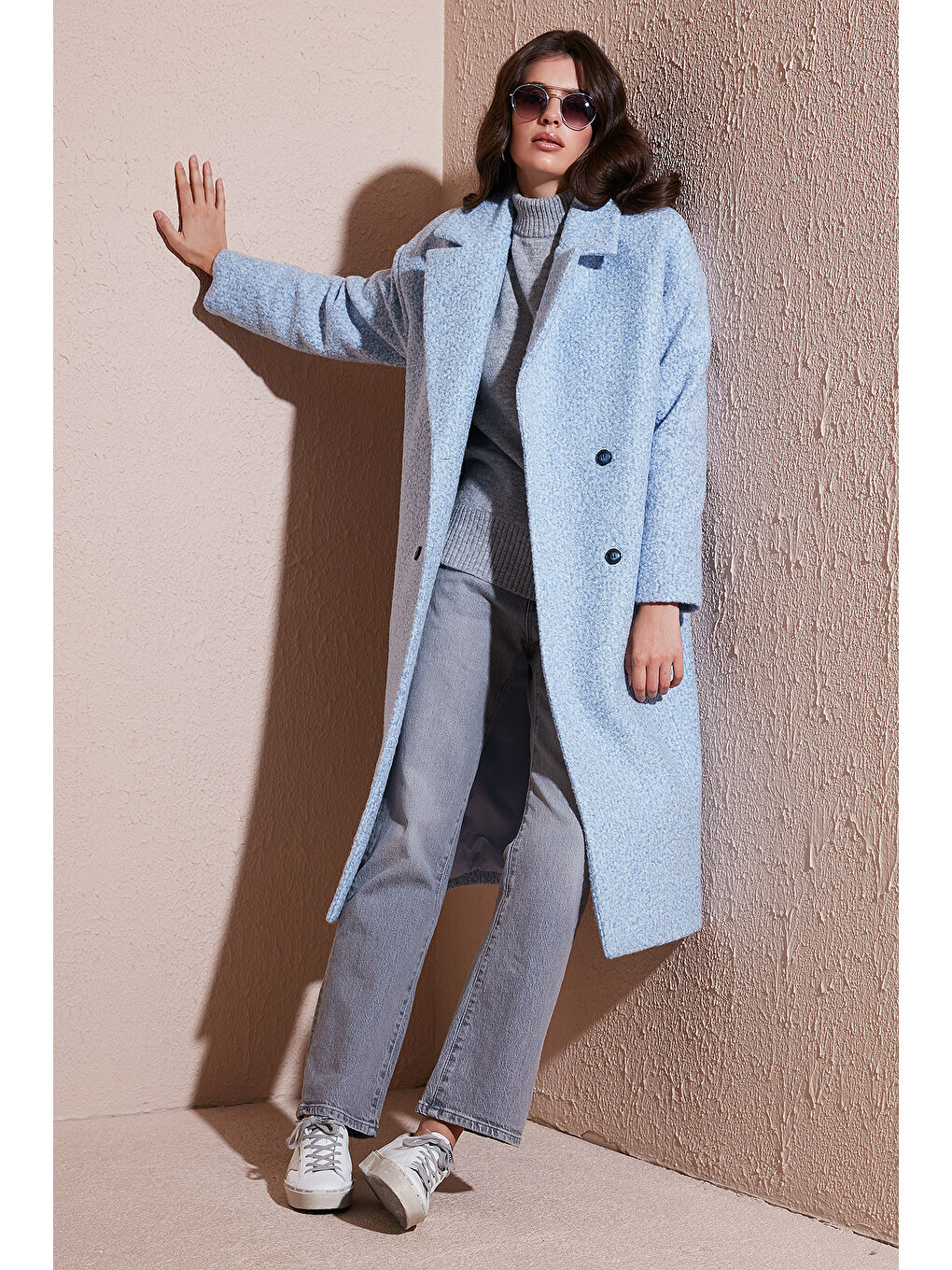 Mavi Oversize Fit Mono Yaka Düğmeli Buklet Uzun Kaşe Kaban 6810236-2