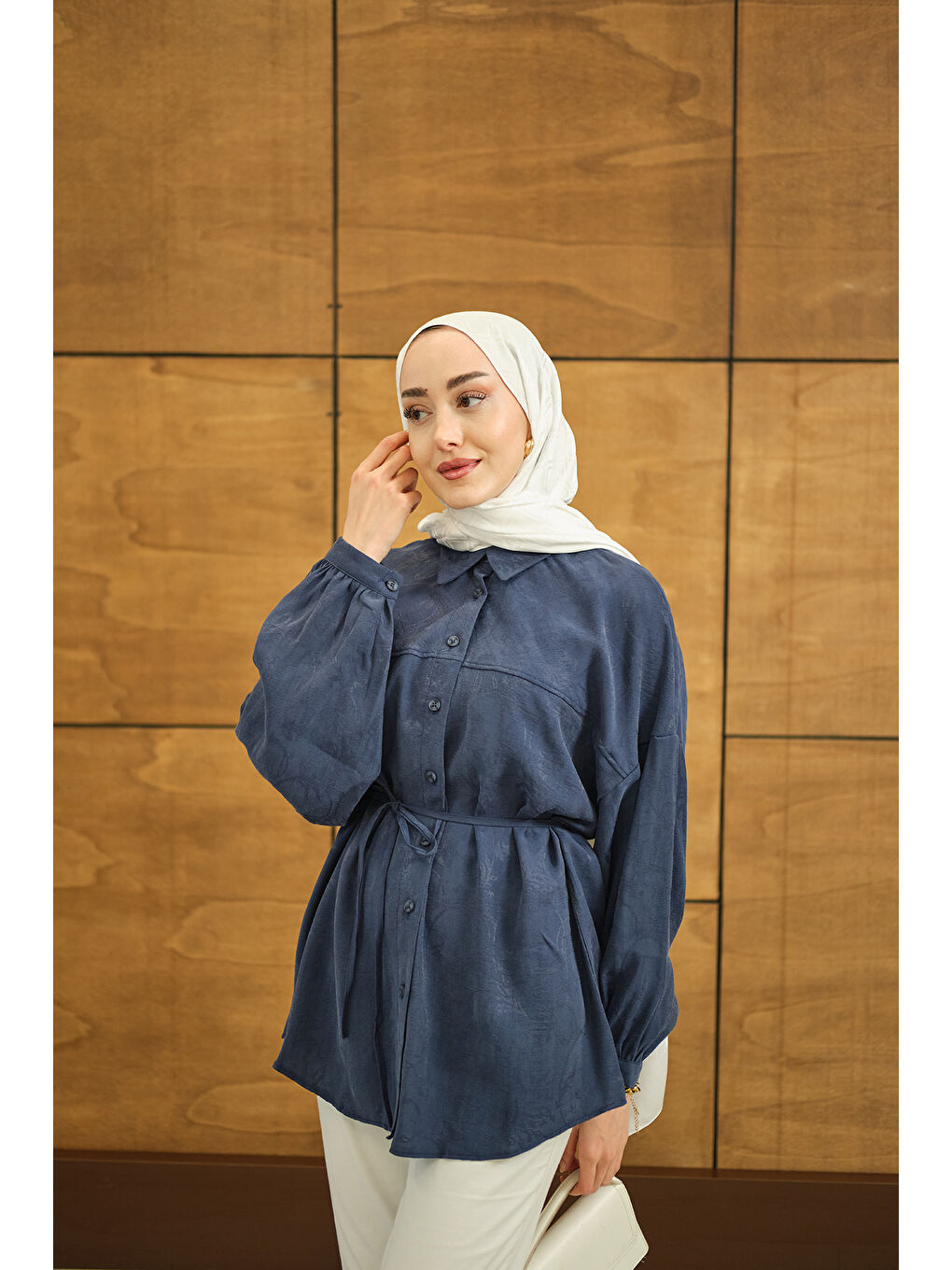 Kadın Çiçek desenli Jakar Gömlek İndigo Mavi-2