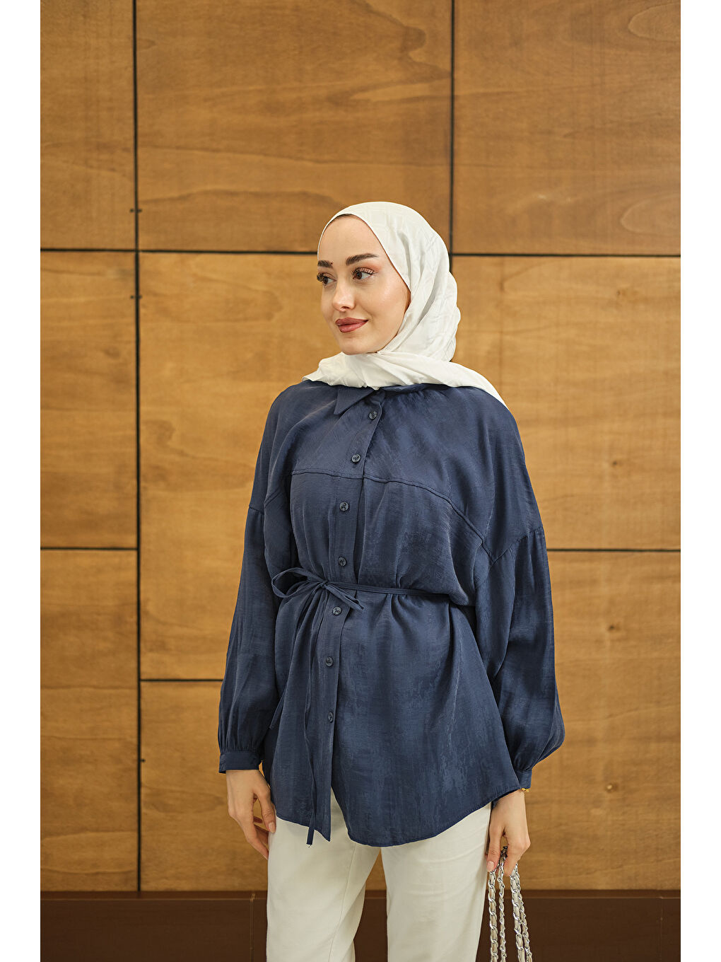 Kadın Bulanık Desen Jakar Gömlek Mavi-2