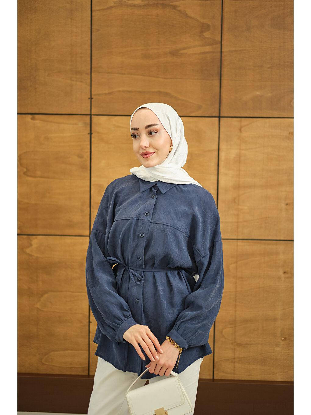 Kadın Çiçek desenli Jakar Gömlek İndigo Mavi-3