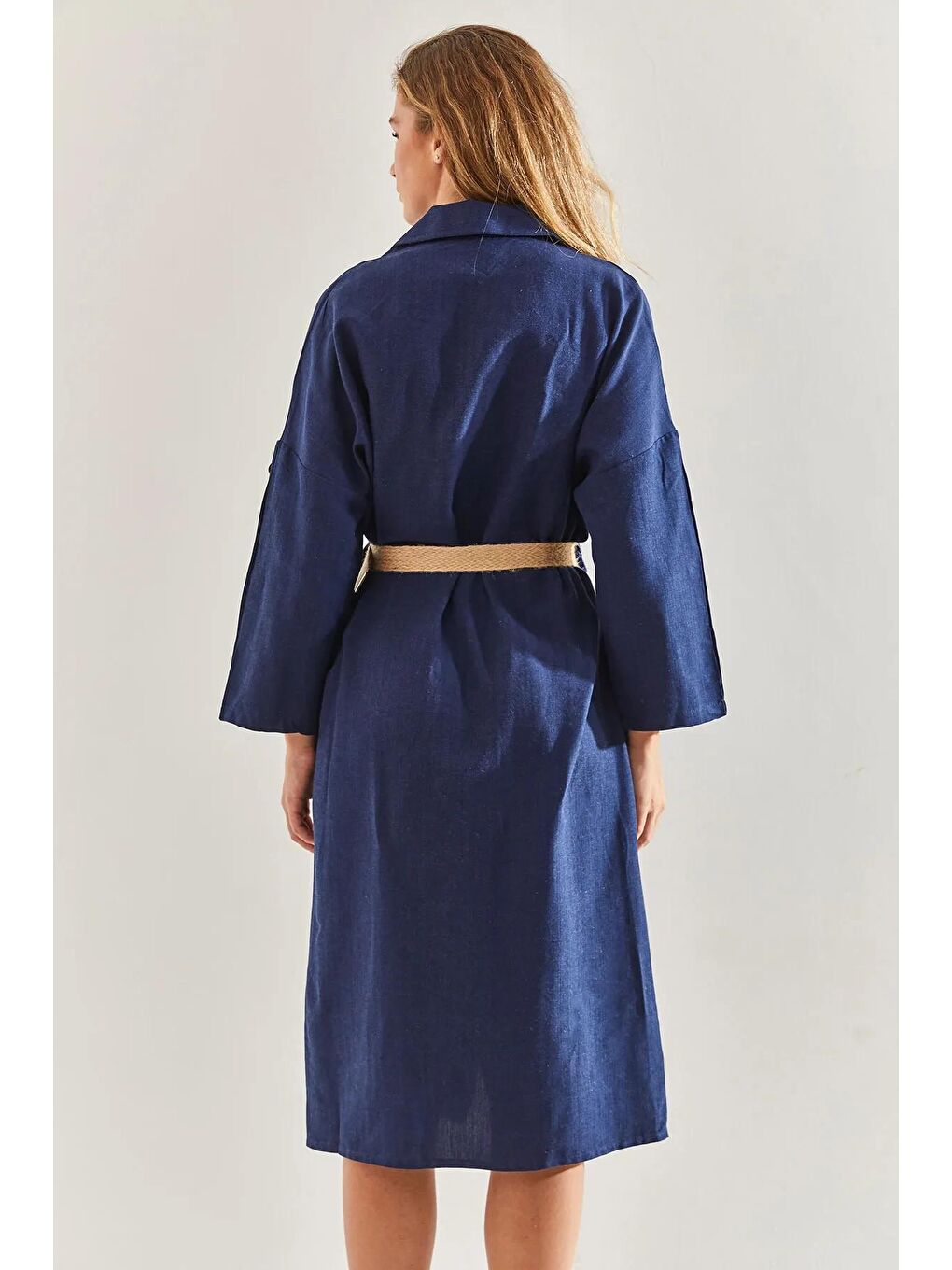 Lacivert Kadın Hasır Kemerli Keten Görünümlü Gömlek Elbise 60171014-1