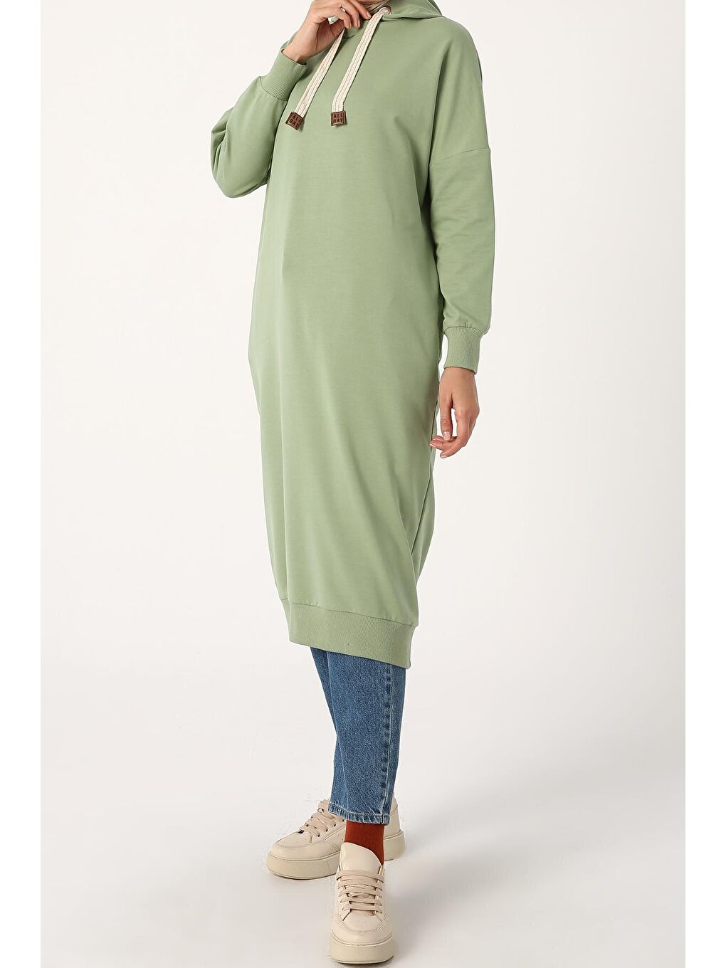 Uçuk Yeşil Kuşgözlü Kapüşonlu Cepli Sweat Tunik-2