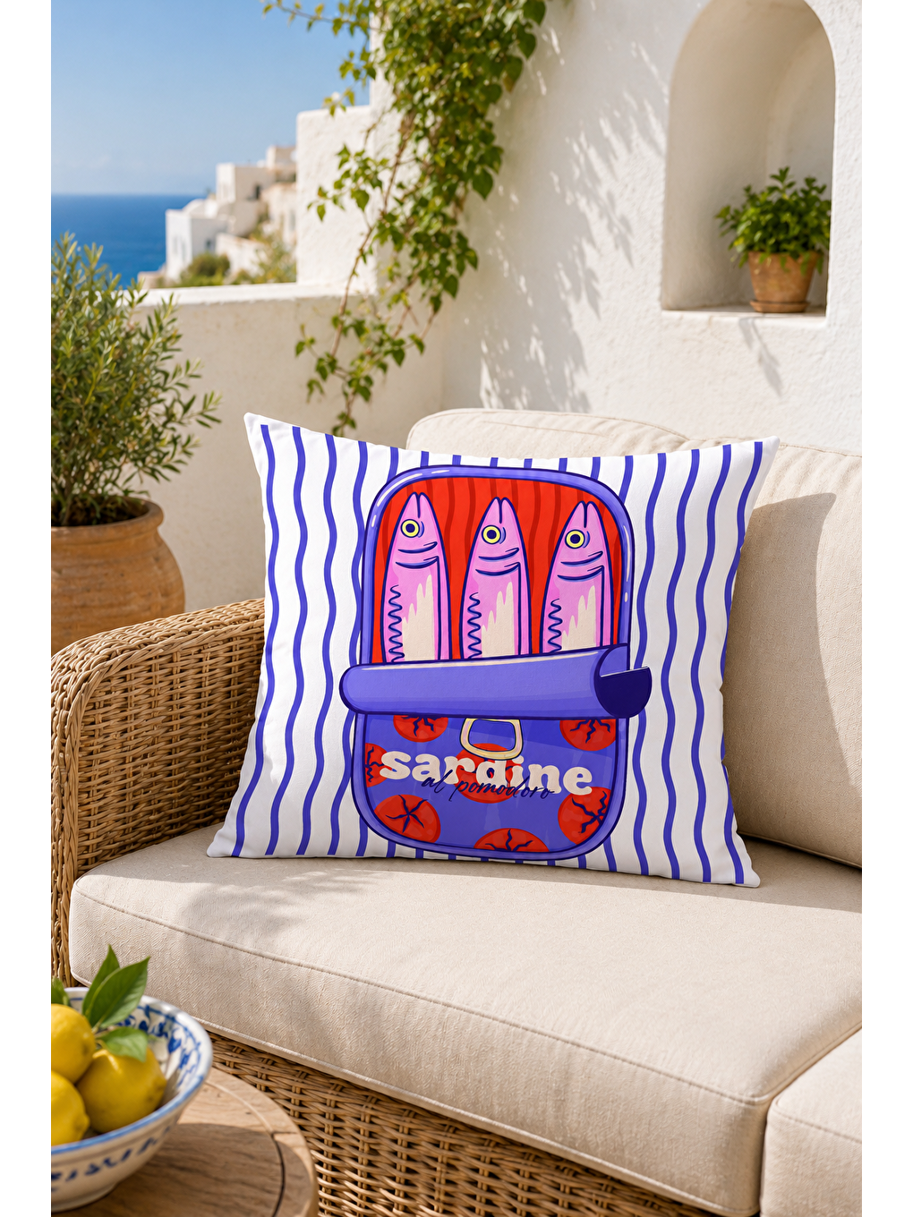 Beyaz Sardine Balık Konservesi Desenli Dekoratif Kırlent Kılıfı Marin Yazlık Dekor 43x43 Cm-2
