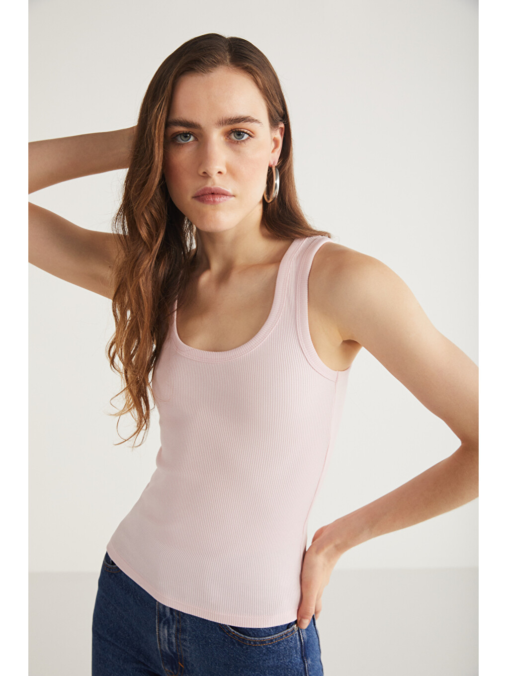 Lıllesol Kadın Fitilli Görünümlü Slim Fit Vücuda Oturan Havuz Yakalı Pamuklu Basic Pembe Atlet